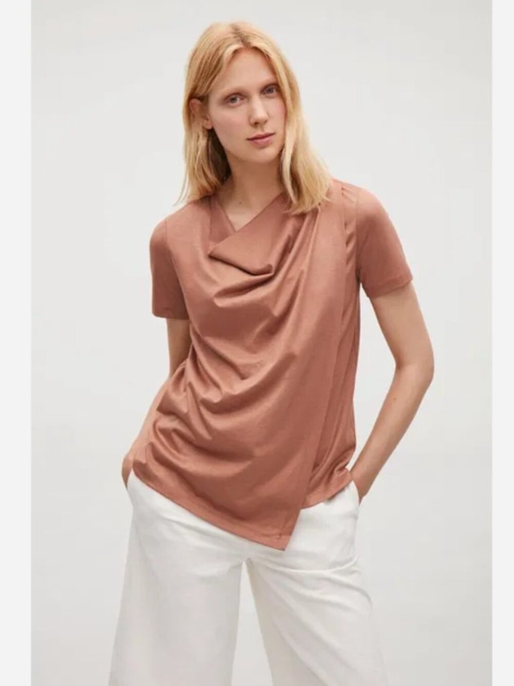 COS Draped Cowl Neck T-Shirt in Terracotta